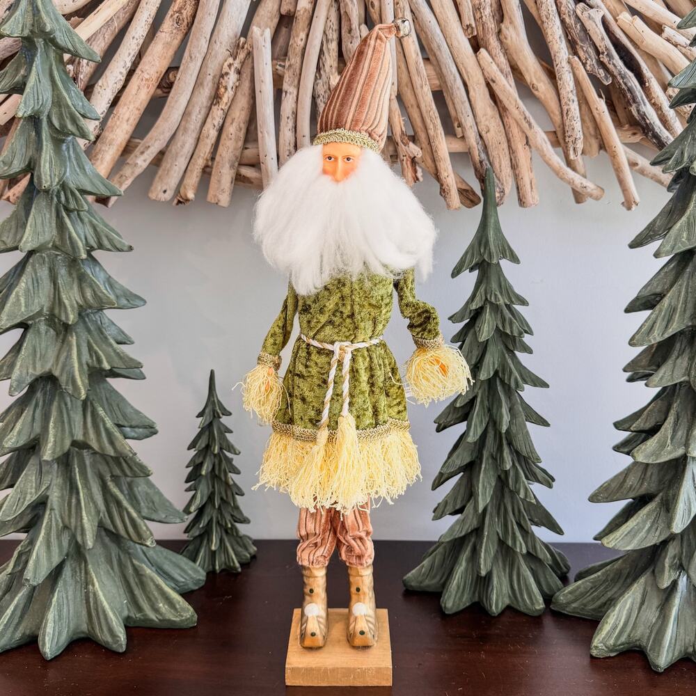 Vintage Folk Art Belsnickle Tabletop Decor-Fluffy Beard-Green Velvet Cloak-21"H